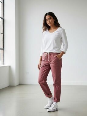 Pact Organic Woven Twill Roll Up Pant Marsala  Drawstring Waist Size M